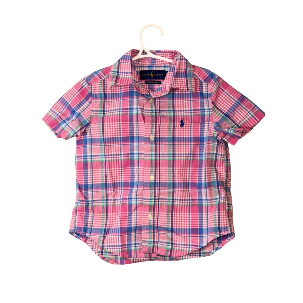 Ralph Lauren Boys Short Sleeve Pink & Blue Plaid Shirt 3T Natural Stretch Cotton - Picture 1 of 3